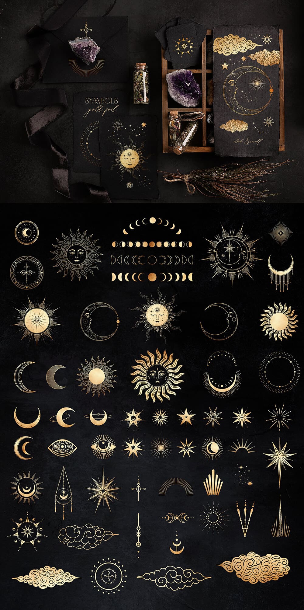 神秘的魔法古老占卜星座元素系列插画素材包
